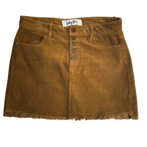 Indigo Rein Womens Corduroy Mini Skirt Size 7 Brown Button Front Frayed Hem